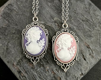 Cameo necklace, small cameo necklace, pink cameo necklace, purple cameo necklace, silver cameo necklace, cameo jewelry, holiday gift ideas