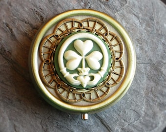 Irish clover pill box, irish claddagh pill box, green shamrock cameo pill box, bridesmaid gift, holiday gift ideas, unique Christmas gift