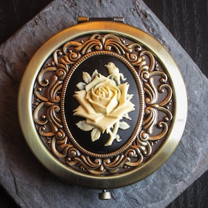 Rose cameo compact mirror, Victorian bronze mirror, unique Christmas ideas, black flower mirror, bridesmaid gift, gift ideas for mom