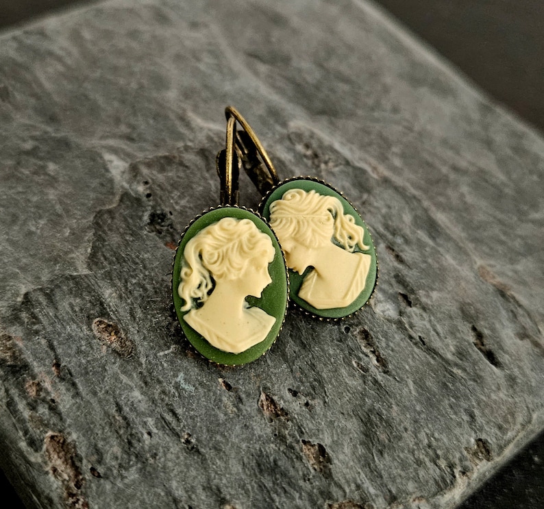 Cameo earrings, black cameo earrings, green cameo earrings, Irish cameo earrings, leverback earrings, cameo jewelry, gift ideas for mom Green