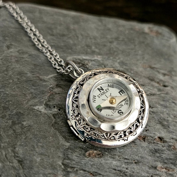 Working compass locket necklace, antique silver round locket, holiday gift ideas, unique Christmas gift, gifts for geeks