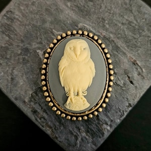 Grey owl cameo brooch, barn owl brooch, bird cameo brooch, animal cameo brooch, holiday gift idea, gift ideas for mom, unique Christmas gift