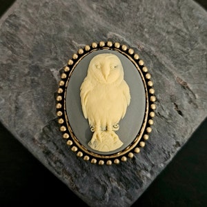 Grey owl cameo brooch, barn owl brooch, bird cameo brooch, animal cameo brooch, holiday gift idea, gift ideas for mom, unique Christmas gift