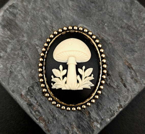 Mushroom Cameo Brooch: Antiqued Brass Frame, Resin Cameo