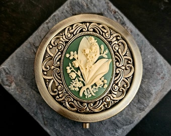 Irish compact mirror, lily compact mirror, lily of the valley cameo mirror, bridesmaid gift, gifts for mom, unique holiday gifts for her