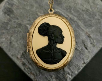 African Woman Cameo Locket: Large Antiqued Brass Long Necklace