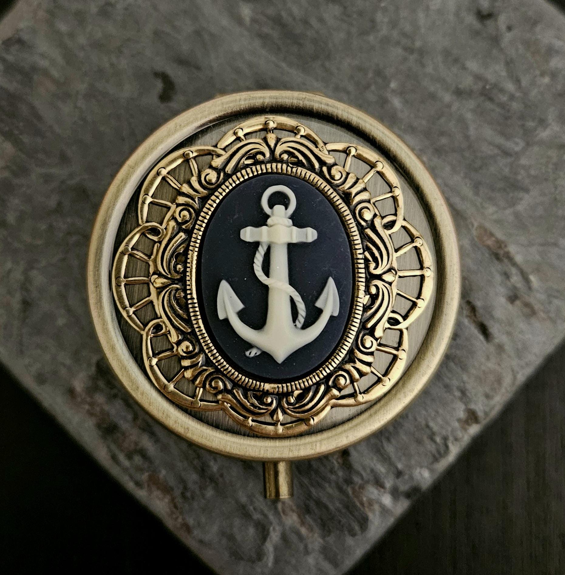 Nautical Anchor Cameo Pill Box, Antiqued Brass Filigree