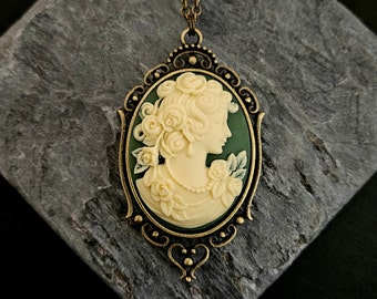 Irish green cameo necklace, irish, cameo jewelry, antique brass necklace, holiday gift ideas, gift ideas for mom, unique Christmas gift