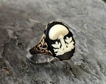 Mushroom Cameo Ring: Antiqued Brass Adjustable Band