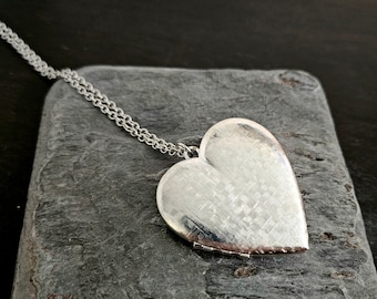 Silver heart locket, vintage textured brass locket, long necklace, large heart locket, silver locket, gifts for mom, unique Christmas gift