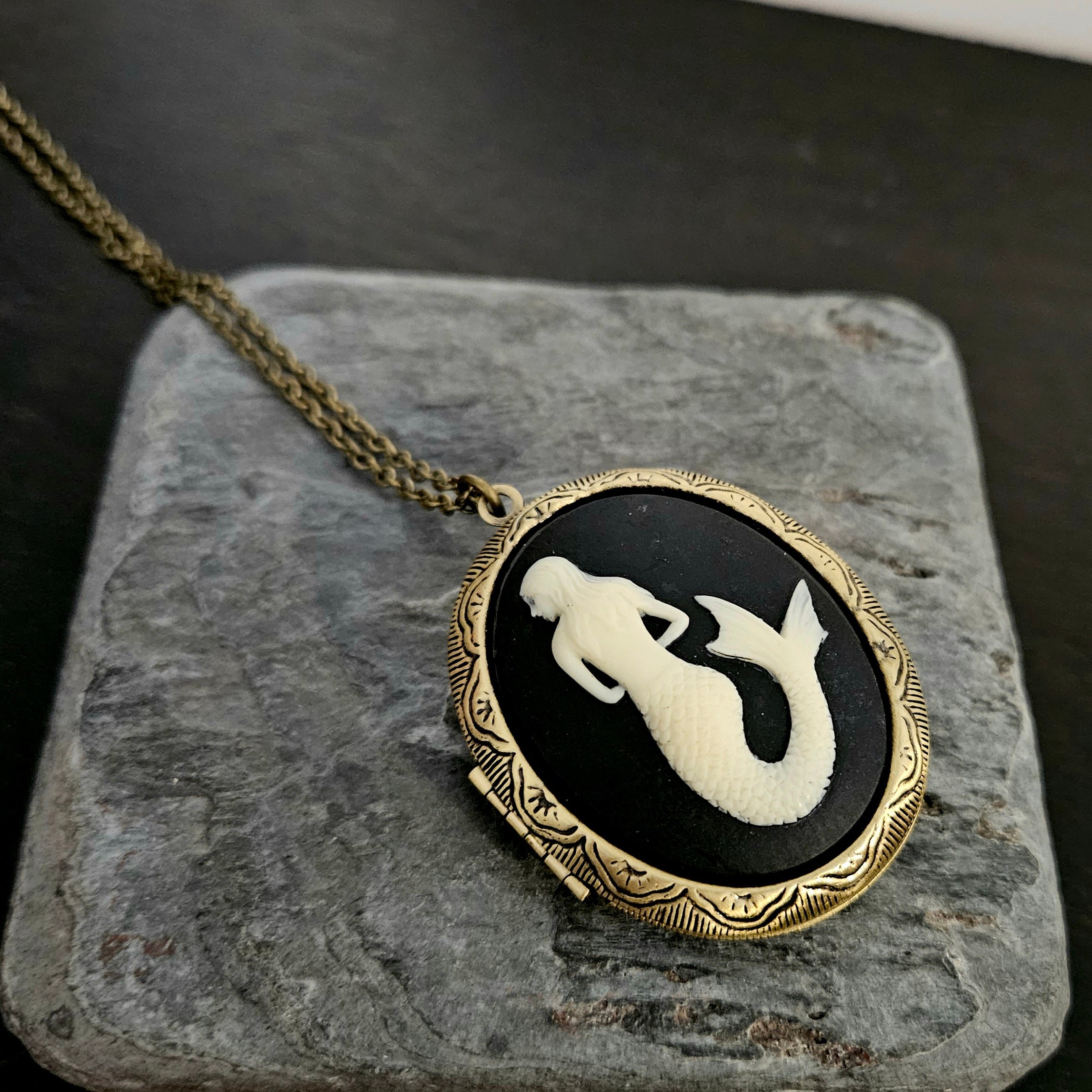 Mermaid Cameo Locket, Large Cameo Locket, Nautical Locket, Long Locket ...