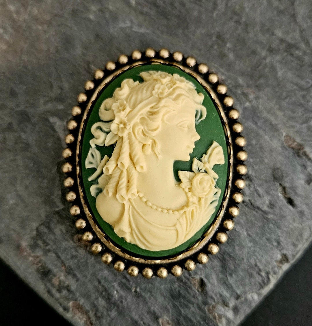 Irish Green Cameo Brooch, Classic Cameo Brooch, Celtic Cameo