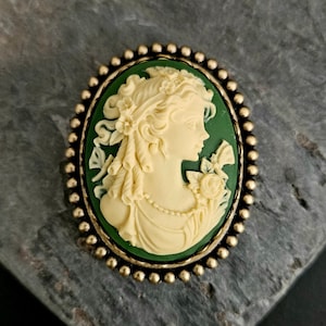 Irish green cameo brooch, classic cameo brooch, celtic cameo brooch, cameo jewelry, holiday gift ideas, mothers day gift, Christmas gift