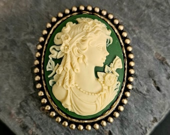 Irish green cameo brooch, classic cameo brooch, celtic cameo brooch, cameo jewelry, holiday gift ideas, mothers day gift, Christmas gift