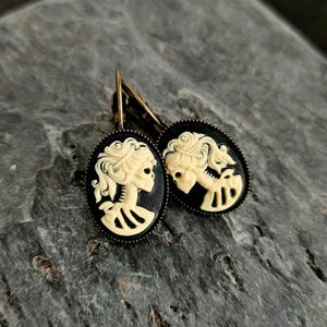 Skeleton cameo earrings, black ivory antique brass leverbacks, Halloween earrings, day of the dead, cameo jewelry, unique holiday gift ideas