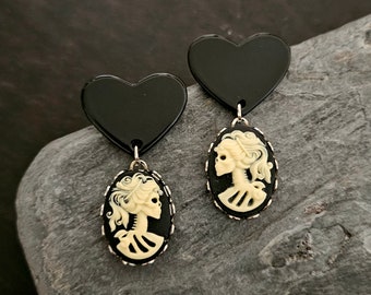 Skeleton cameo earrings, black heart earrings, gothic earrings, Halloween earrings, day of the dead, cameo jewelry, unique holiday gift idea