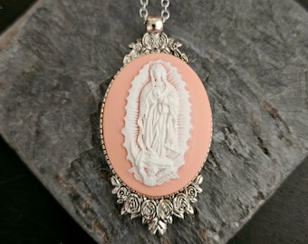 Our Lady of Guadalupe Necklace: Pink Cameo, Antiqued Silver Roses