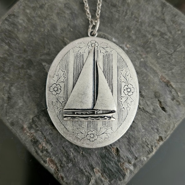 Sailboat locket, nautical necklace, silver nautical locket, long necklace, large locket, unique necklace, unique holiday gift ideas