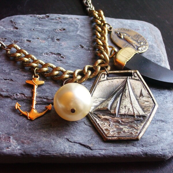 Nautical charm necklace, vintage charm cluster necklace, ooak necklace, statement necklace, nautical jewelry, unique holiday gift ideas