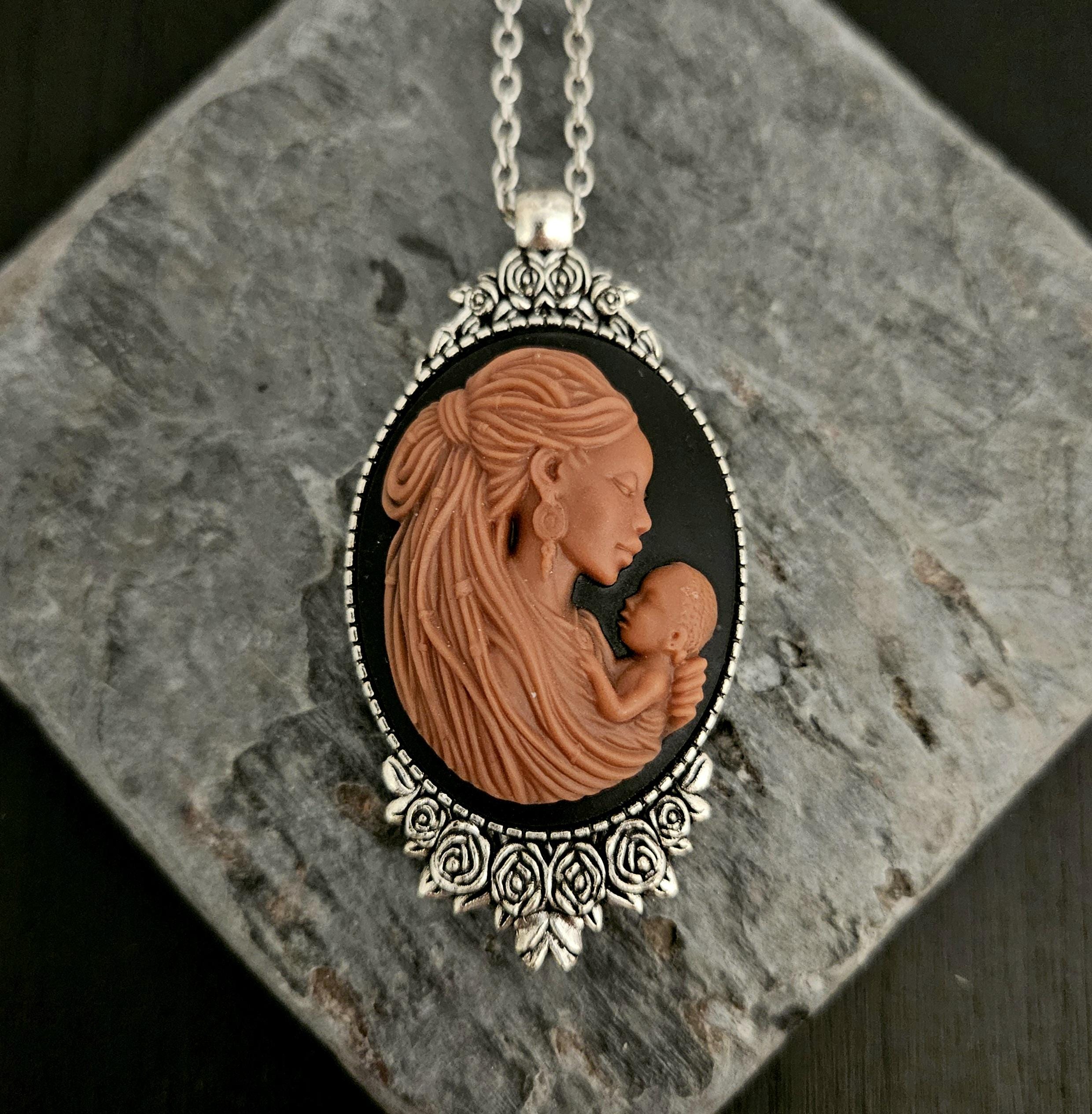 African Mother and Child Cameo Necklace, Antiqued Silver