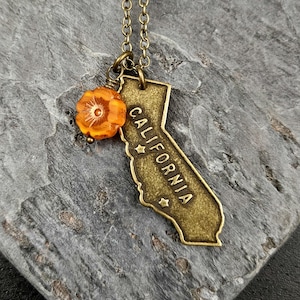 California Necklace, Antiqued Brass State Pendant, Czech Glass Poppy