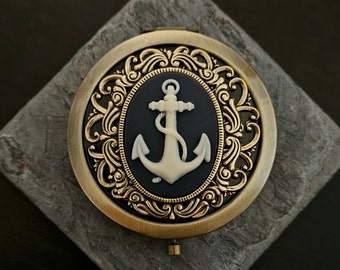Nautical anchor mirror, antique brass cameo compact mirror, nautical mirror, cameo mirror, bridesmaid gift, unique Christmas gift ideas