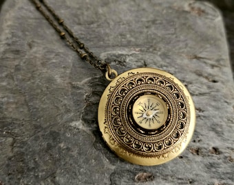 Working Compass Locket Necklace, Antiqued Brass, Travel Gift