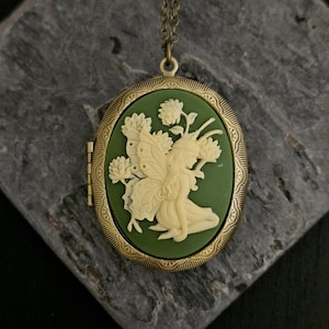 Fairy cameo locket, pixie cameo necklace, mythical cameo, faerie locket, large locket, long necklace, fairy jewelry, cameo jewelry