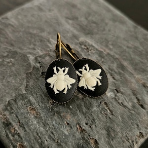 Bee Cameo Earrings, Antique Brass Lever Back Earrings