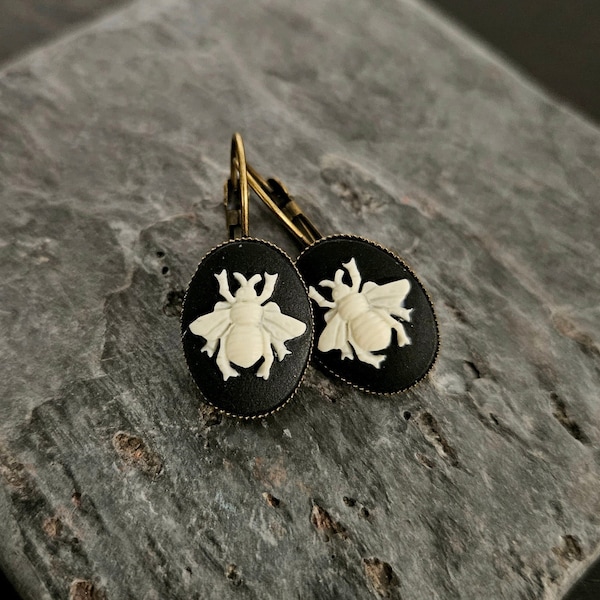 Bee Cameo Earrings, Antique Brass Lever Back Earrings
