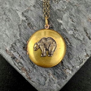 Bear locket necklace, vintage brass locket, animal locket, bear necklace, California love locket, locket jewelry, unique gift ideas