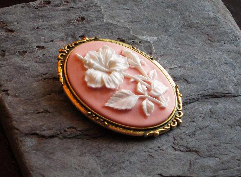 Hibiscus Flower Cameo Brooch Pink Flower Cameo Brooch Etsy