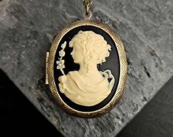 Black Cameo Locket Necklace: Antiqued Brass, Resin Cameo (26 inch)
