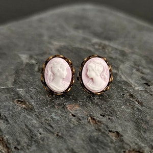 Pink Cameo Stud Earrings: Brass Framed Resin Cameos