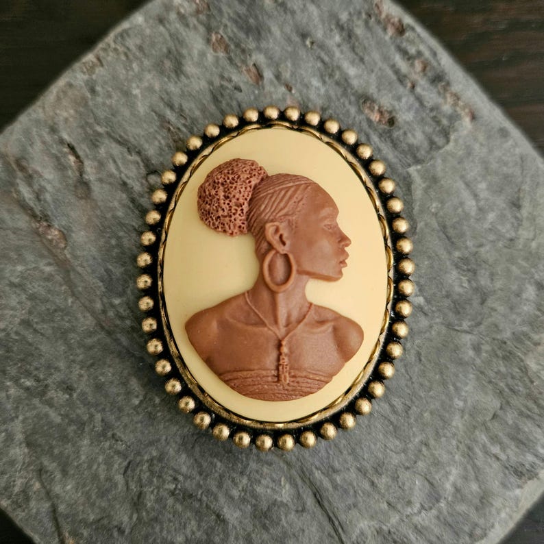 African Woman Tan Cameo Brooch: Antiqued Brass & Resin