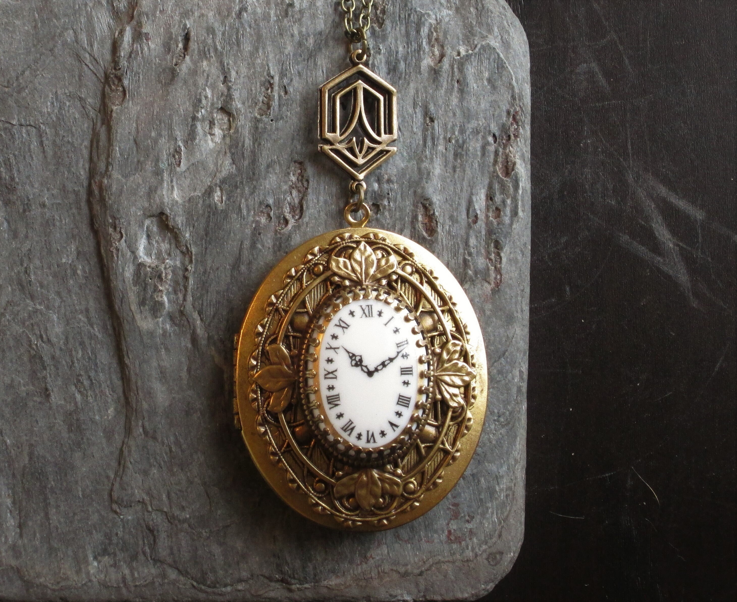 Art Deco Clock Locket Oval Cameo Locket Large Locket Etsy