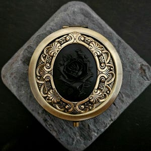 Black rose antique brass compact mirror, Victorian cameo mirror, detailed heirloom mirror, bronze mirror, bridesmaid gift, gift idea for mom