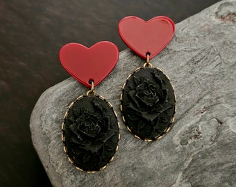 Black rose cameo earrings, red heart earrings, gothic earrings, Halloween earrings, day of the dead, cameo jewelry, unique holiday gift idea