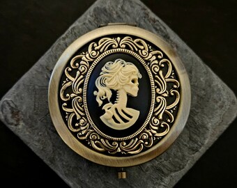 Skeleton compact mirror, black cameo compact mirror, gothic compact mirror, Halloween gift, bridesmaid gift, unique gift ideas for her