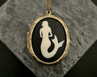 Mermaid cameo locket, large cameo locket, nautical locket, long locket necklace, nautical necklace, gift ideas, unique Christmas gift