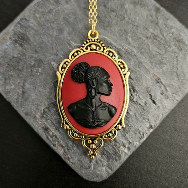 African cameo necklace, black cameo necklace, long necklace, African American necklace, cameo jewelry, Kwanzaa gift, holiday gift ideas