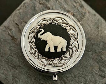Pastillero con camafeo de elefante, filigrana de plata, estuche de viaje para pastillas