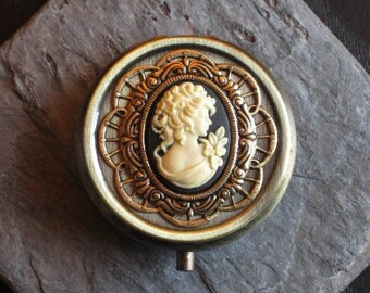 Cameo pill box container, antique brass pill box, black cameo pill box, bronze pill box, bridesmaid gift, unique Christmas gift