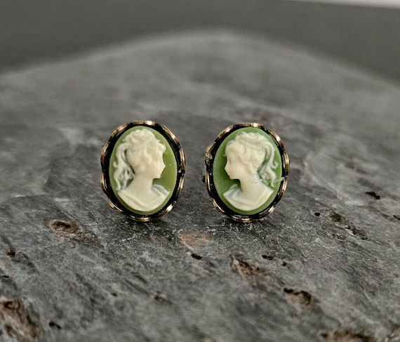 Cameo Stud Earrings, Green Cameo Studs, Tiny Cameo Posts, Irish