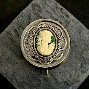 Irish pill box container, antique brass cameo pill box, green cameo pill box, bronze pill box, bridesmaid gift, unique Christmas gift