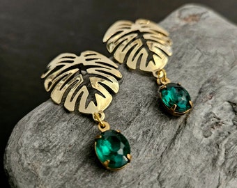 Monstera leaf earrings, Hawaiian studs, brass earrings, tropical earrings, floral earrings, gift ideas for her, unique holiday gift