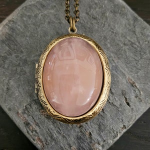 Large pink quartz locket, gemstone locket necklace, antique brass locket, large locket, long necklace, holiday gift idea, gift ideas for mom