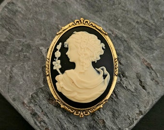 Black cameo brooch, gold cameo brooch, cameo jewelry, mothers day gift, holiday gift ideas, gift ideas for mom, unique Christmas gift