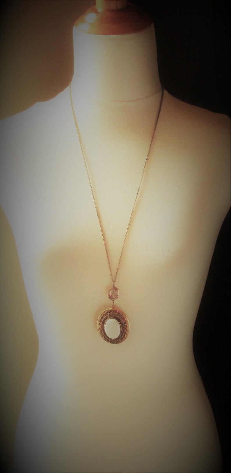 oval gemstone locket holiday gift idea art deco locket Art deco howlite locket long necklace howlite jewelry large locket necklace