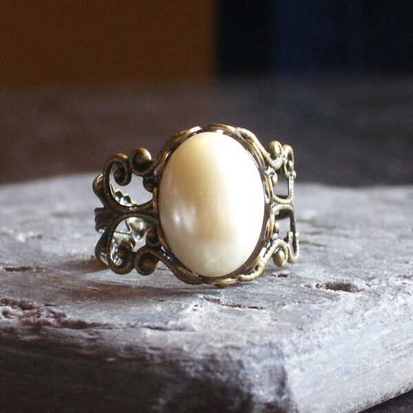 Glass pearl filigree ring, antique brass ring, holiday gift ideas, gift ideas for mom, unique Christmas gift